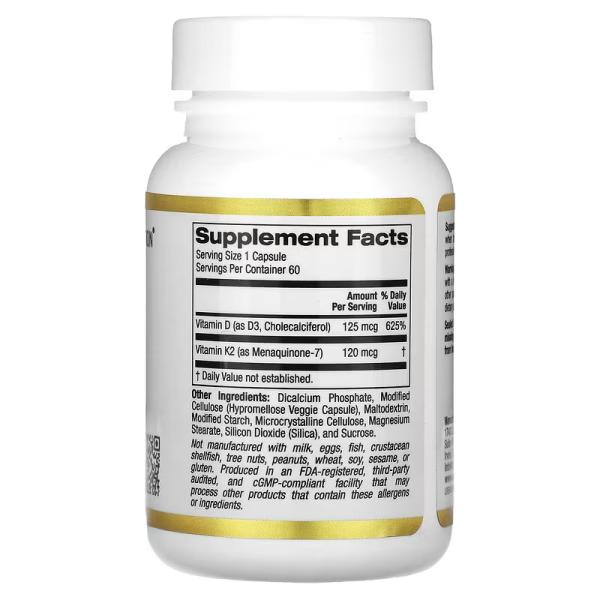 Витамины D3 и К2, Vitamin D3 + K2, California Gold Nutrition, 60 растительных капсул - Фото 2