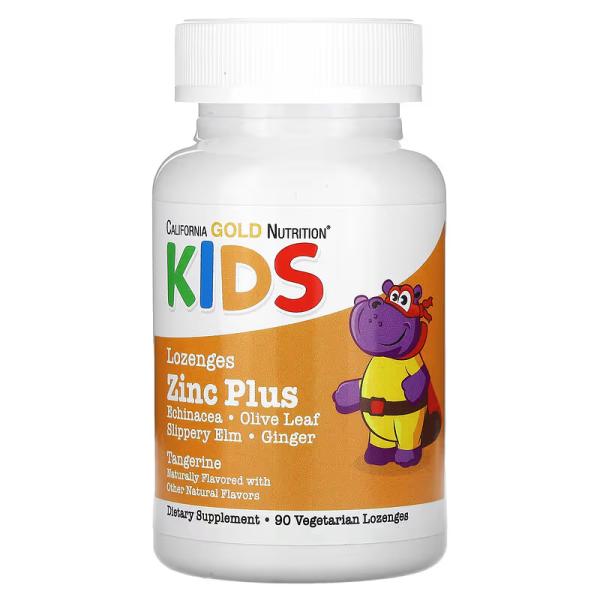 Пастилки цинк плюс для детей, натуральный мандариновый вкус, Zinc Plus Lozenge for Children Natural Tangerine Flavor, California Gold Nutrition, 90 пастилок - Фото 1