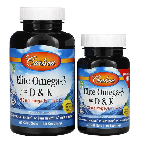 Elite Omega-3 з вітамінами D та K, смак лимона, Elite Omega-3 plus D & K Natural Lemon Flavor, Carlson, 90 м'яких таблеток - Фото 1