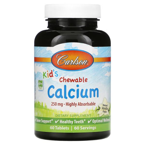 Кальций для детей, с натуральным ванильным вкусом, Kid's Chewable Calcium Natural Vanilla, Carlson, 250 мг, 60 жевательных таблеток - Фото 1