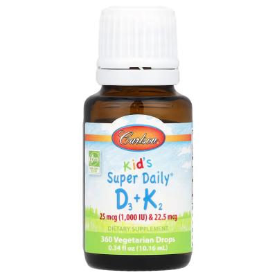 Витамин D3 + K2 для детей, Kid's Super Daily D3 + K2, Carlson, 25 мкг (1000 МО) та 22,5 мкг, 10,16 мл