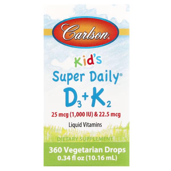 Витамин D3 + K2 для детей, Kid's Super Daily D3 + K2, Carlson, 25 мкг (1000 МО) та 22,5 мкг, 10,16 мл - Фото 2