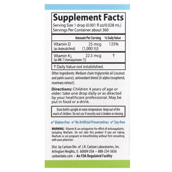 Витамин D3 + K2 для детей, Kid's Super Daily D3 + K2, Carlson, 25 мкг (1000 МО) та 22,5 мкг, 10,16 мл - Фото 3