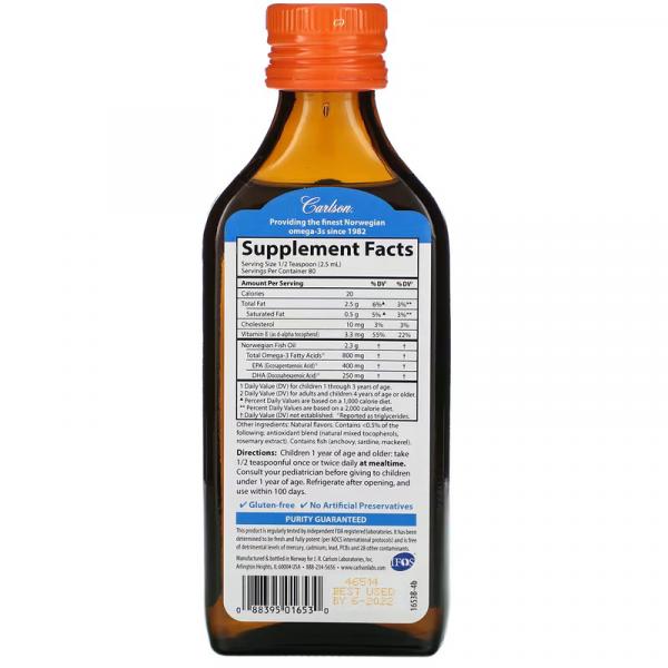 Рыбий жир для детей, вкус апельсина, Fish Oil, Carlson Labs, 800 мг, 200 мл (6,7 жидк. унции) - Фото 2