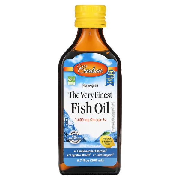 Рыбий жир, лимонный вкус, The Very Finest Fish Oil Natural Lemon, Carlson, 1600 мг, 200 мл - Фото 1