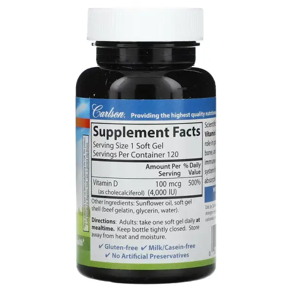 Вітамін D-3, Vitamin D3, Carlson, 100 мкг (4000 МО), 120 гелевих капсул - Фото 2