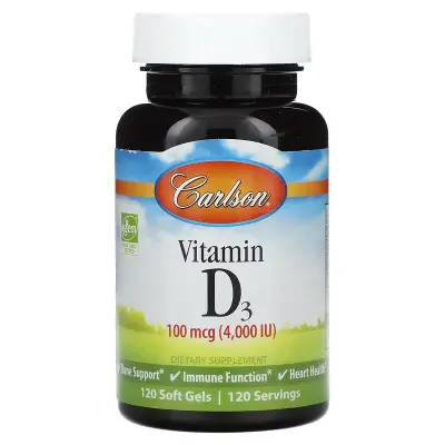 Вітамін D-3, Vitamin D3, Carlson, 100 мкг (4000 МО), 120 гелевих капсул