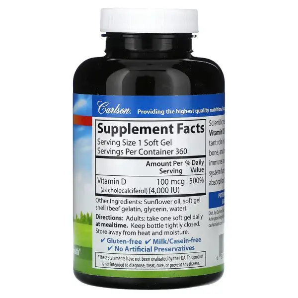 Вітамін D-3, Vitamin D3, Carlson, 100 мкг (4000 МО), 360 гелевих капсул - Фото 2