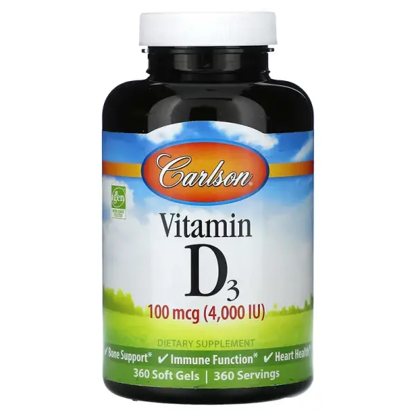 Вітамін D-3, Vitamin D3, Carlson, 100 мкг (4000 МО), 360 гелевих капсул - Фото 1