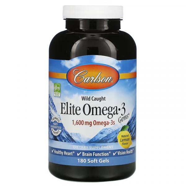 Омега-3, Elite Omega-3, Carlson Labs, вкус лимона, 800 мг, 180 капсул - Фото 1
