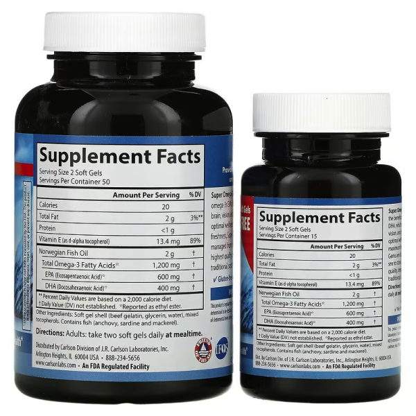 Высокоэффективная омега-3 из морской рыбы, Wild Caught Super Omega-3 Gems, Carlson Labs, 600 мг, 100 плюс 30 капсул - Фото 2