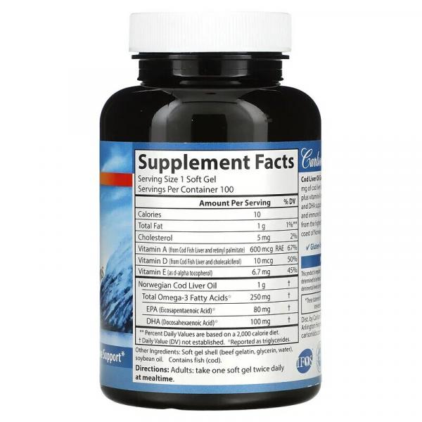 Капсулы из жира печени дикой норвежской трески, высшего качества, Carlson Labs, 1000 мг, 100 мягких желатиновых капсул - Фото 2