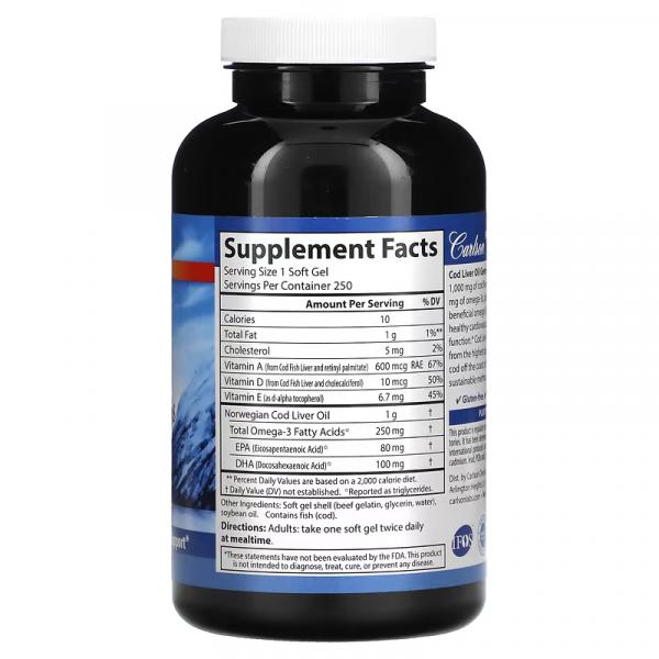 Жир печени дикой норвежской трески, высшего качества, Cod Liver Oil Gems, Carlson Labs, 1000 мг, 250 капсул - Фото 2