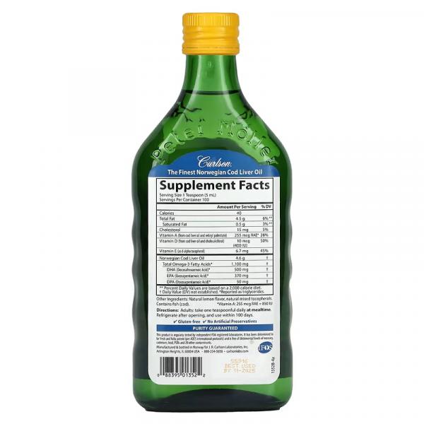 Жир печени дикой норвежской трески, натуральный лимонный вкус, Wild Norwegian Cod Liver Oil Natural Lemon, Carlson Labs, 1000 мг, 500 мл - Фото 2