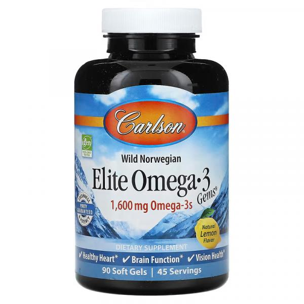 Отборные омега-3 кислоты, натуральный лимонный вкус, Elite Omega-3 Gems Natural Lemon, Carlson, Wild Norwegian, 800 мг, 90 мягких капсул - Фото 1