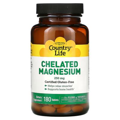 Магний в хелатной форме, Chelated Magnesium, Country Life, 250 мг, 180 таблеток