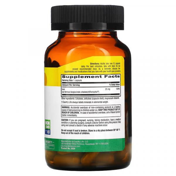 Железо в легкоусвояемой форме, Easy Iron, Country Life, 25 мг, 90 веганских капсул - Фото 2