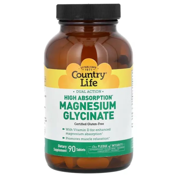 Магній гліцинат, Chelated Magnesium Glycinate, Country Life, подвійної дії з високим поглинанням, 90 вегетаріанських таблеток - Фото 1