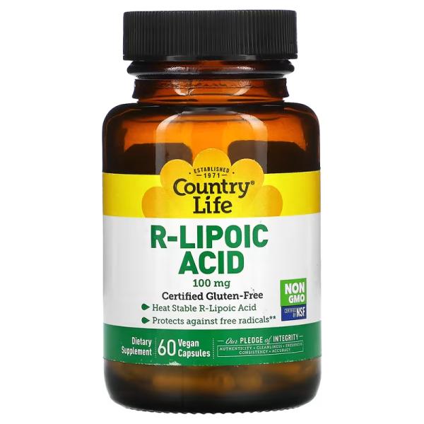 R-липоевая кислота, R-Lipoic Acid, Country Life, 100 мг, 60 веганских капсул - Фото 1