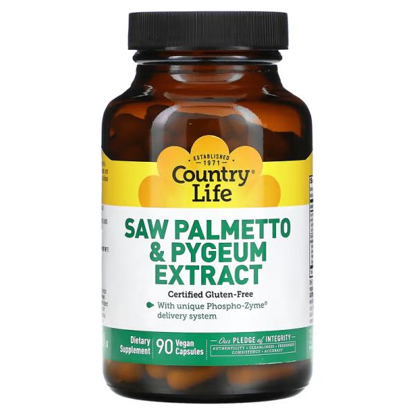 Экстракт серенои и пиджеума, Saw Palmetto & Pygeum Extract, Country Life, 90 веганских капсул - Фото 1