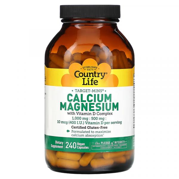 Кальций и магний с комплексом витаминов D, Target-Mins Calcium Magnesium with Vitamin D Complex, Country Life, 240 веганских капсул - Фото 1
