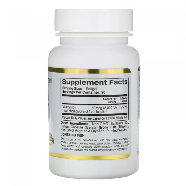 Витамин Д3, Vitamin D3, California Gold Nutrition, 50 мкг, 2000 МЕ, 90 желатиновых капсул  - Фото 2