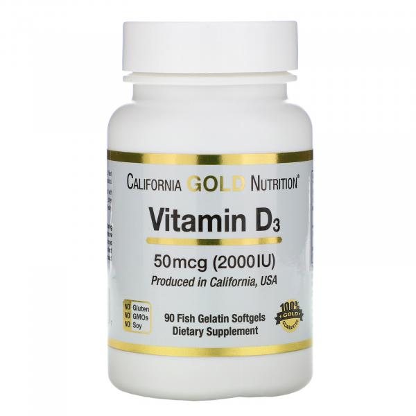 Витамин Д3, Vitamin D3, California Gold Nutrition, 50 мкг, 2000 МЕ, 90 желатиновых капсул  - Фото 1