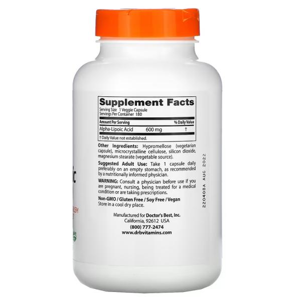 Альфа-липоевая кислота 600, Alpha-Lipoic Acid 600, Doctor's Best, 600 мг, 180 вегетарианских капсул - Фото 2