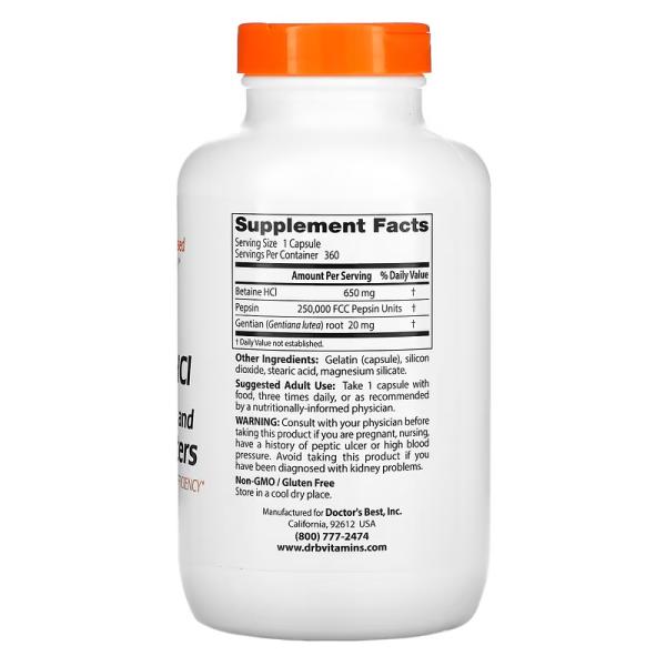 Горькая настойка из бетаин гидрохлорида, пепсина и горечавки, Betaine HCl Pepsin and Gentian Bitters, Doctor's Best, 360 капсул - Фото 2