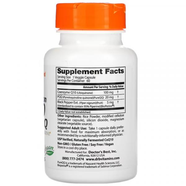 Коэнзим Q10, Пирролохинолинхинон, High Absorption CoQ10 plus PQQ, Doctor's Best, 100 мг/20 мг, 60 растительных капсул - Фото 2