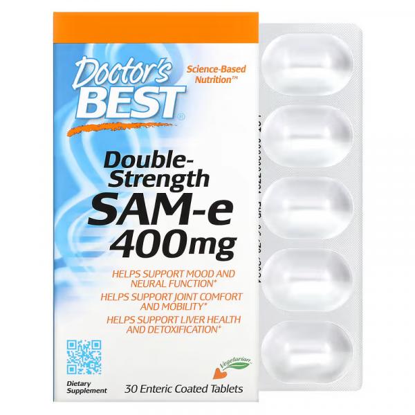 Дисульфат тозилат двойной силы, Double Strength SAM-e Disulfate Tosylate, Doctor's Best, 400 мг, 30 таблеток, покрытых кишечнорастворимой оболочкой - Фото 1