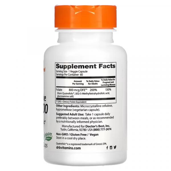 Полностью активный фолат 800, Fully Active Folate 800 with Quatrefolic, Doctor's Best, 800 мкг, 60 вегетарианских капсул - Фото 2