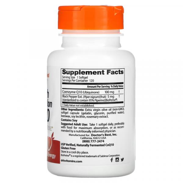 Коэнзим Q10 с высокой степенью всасывания с BioPerine, High Absorption CoQ10 with Bioperine, Doctor's Best, 100 мг, 120 капсул - Фото 2