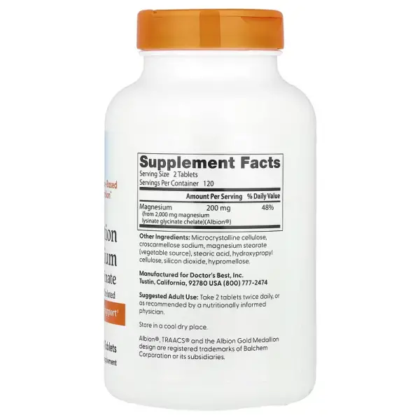 100%-вий хелатний легкозасвоюваний магній із мікроелементами Albion, High Absorption Magnesium, Doctor's Best, 100 мг, 240 таблеток - Фото 2