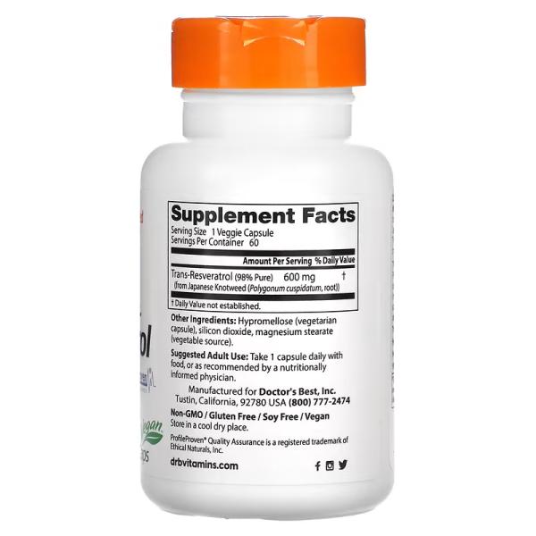 Високоефективний транс-ресвератрол 600, Best High Potency Trans Resveratrol 600, Doctor's Best, 600 мг, 60 веганських капсул - Фото 2