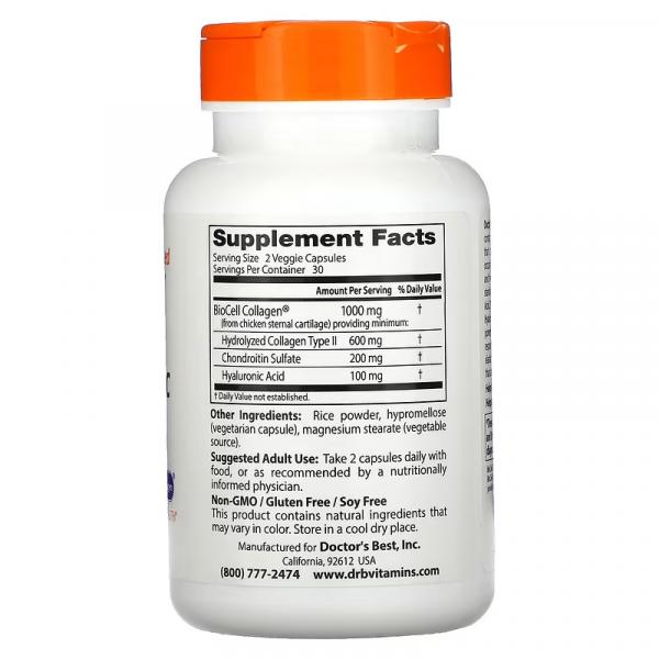 Гиалуроновая кислота и хондроитинсульфат с коллагеном, Hyaluronic Acid Chondroitin Sulfate with BioCell Collagen, Doctor's Best, 60 вегетарианских капсул - Фото 2