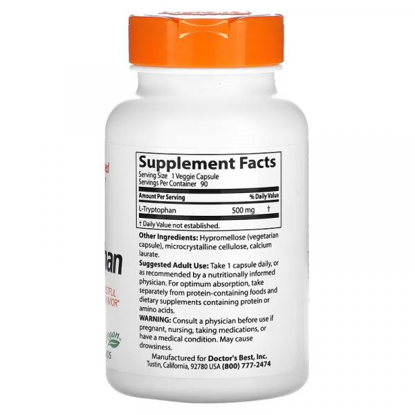 L-триптофан з TryptoPure, L-Tryptophan with TryptoPure, Doctor's Best, 500 мг, 90 рослинних капсул - Фото 2