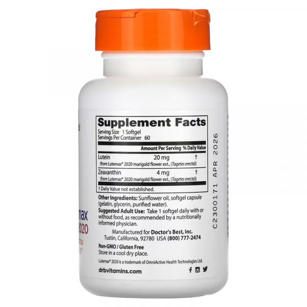 Лютеин с Lutemax 2020, Lutein with Lutemax 2020, Doctor's Best, 20 мг, 60 мягких таблеток - Фото 2