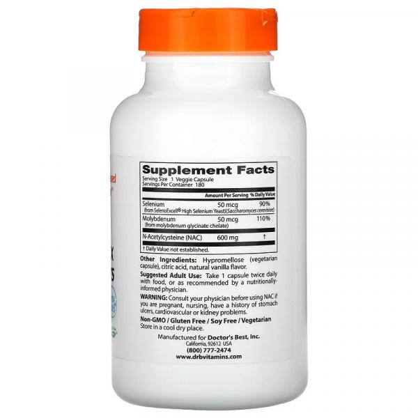 N-ацетилцистеин для регуляции процесса детоксикации, NAC Detox Regulators, Doctor's Best, 180 вегетарианских капсул - Фото 2