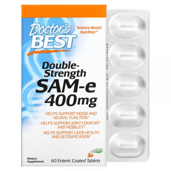 Дисульфат тозилат двойной силы, Double Strength SAM-e Disulfate Tosylate, Doctor's Best, 400 мг, 60 таблеток, покрытых кишечнорастворимой оболочкой - Фото 1