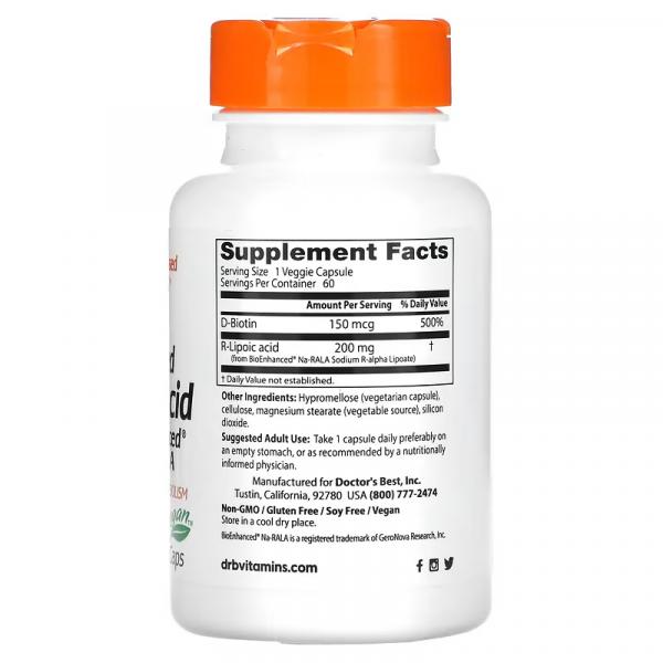 Стабилизированная R-липоевая кислота с BioEnhanced Na-RALA, Stabilized R-Lipoic Acid with BioEnhanced Na-RALA, Doctor's Best, 200 мг, 60 вегетарианских капсул - Фото 2