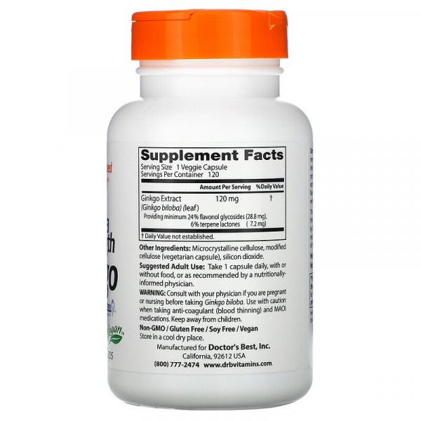 Гинкго Билоба, Ginkgo, Doctor's Best, 120 мг, 120 капсул   - Фото 2