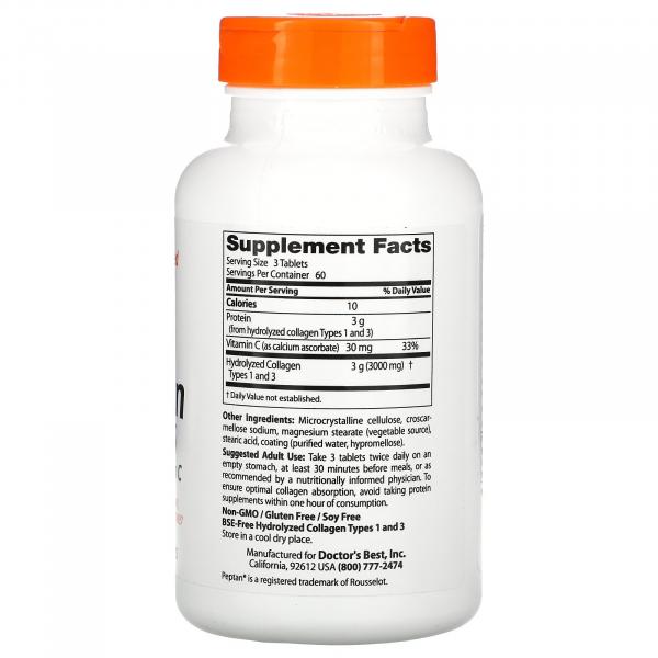 Коллаген Типов 1 & 3 1000 мг, Peptan, Doctor's Best, 180 таблеток   - Фото 2