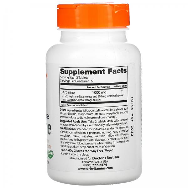 L-аргинин с длительным высвобождением и немедленным высвобождением, Doctor's Best, 500 мг, 120 таблеток  - Фото 2