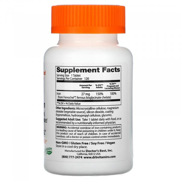Хелатное железо, High Absorption Iron, Doctor's Best, 27 мг, 120 таблеток  - Фото 2
