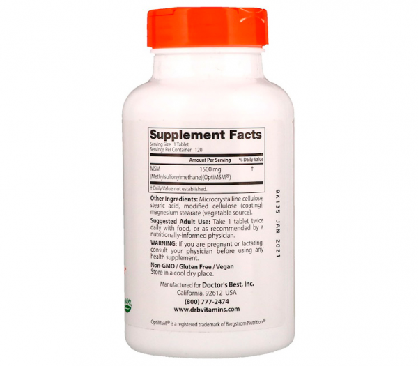 Метилсульфонилметан, МСМ, MSM, Doctor's Best, 1500 мг, 120 таблеток  - Фото 2