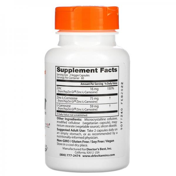 Цинк карнозин, Zinc-L-Carnosine, Doctor's Best, комплекс, 120 капсул  - Фото 2