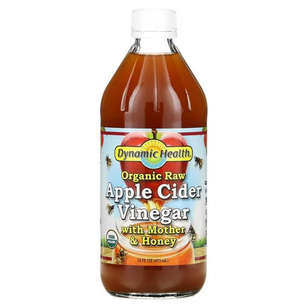 Необработанный органический яблочный уксус с маткой и медом, Organic Raw Apple Cider Vinegar with Mother Honey, Dynamic Health, 473 мл - Фото 1