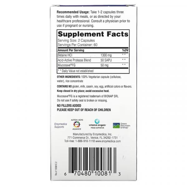 Бетаин гидрохлорид, Betaine HCL, Enzymedica, 120 капсул - Фото 3