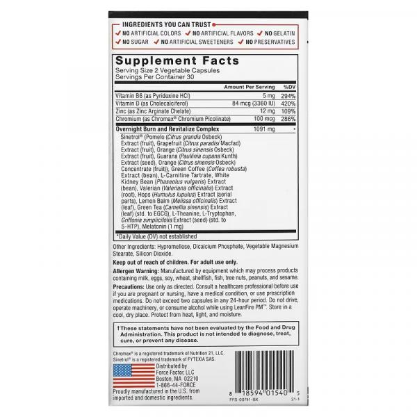 Ночной сжигатель жира, Nighttime Fat Burner, Leanfire PM, Force Factor, 60 растительных капсул - Фото 2